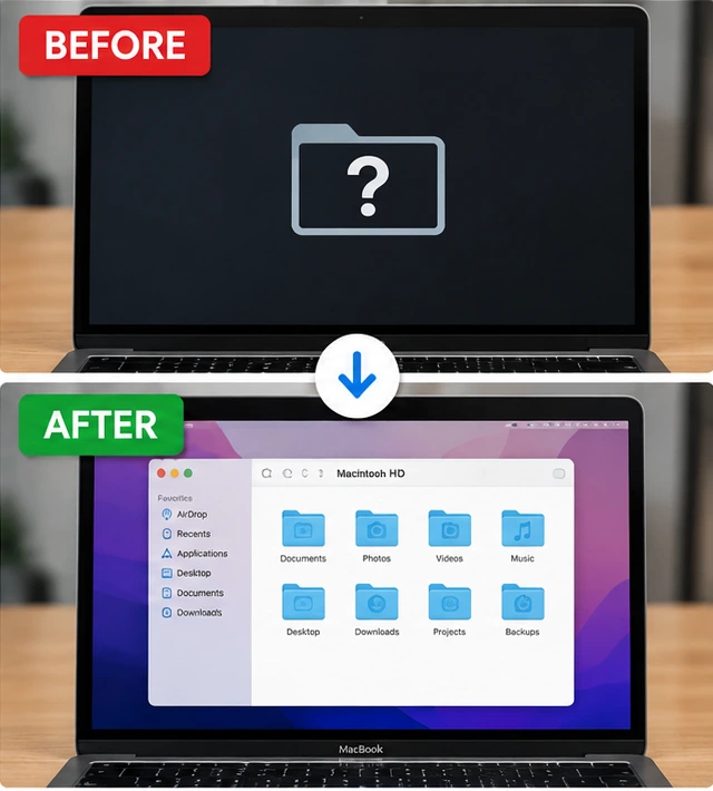 12 inch MacBook data recovery before and after showing restored files