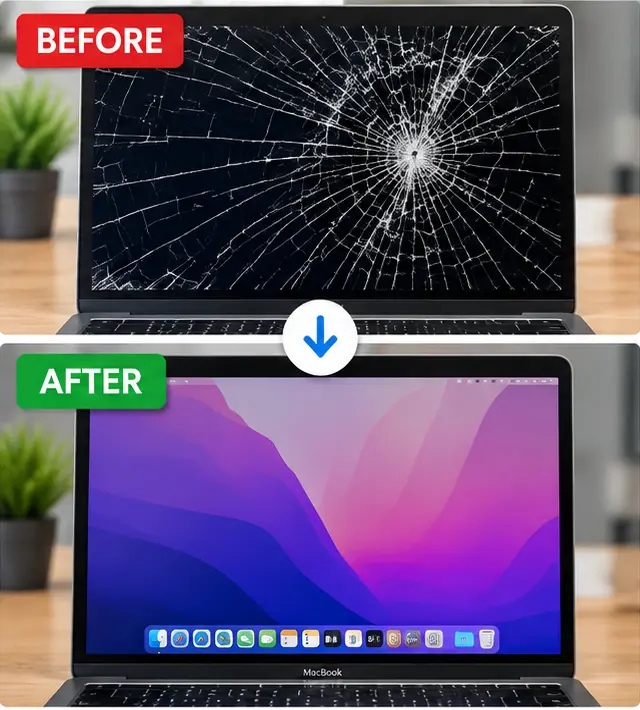 12 inch MacBook screen repair before and after showing damaged and repaired display