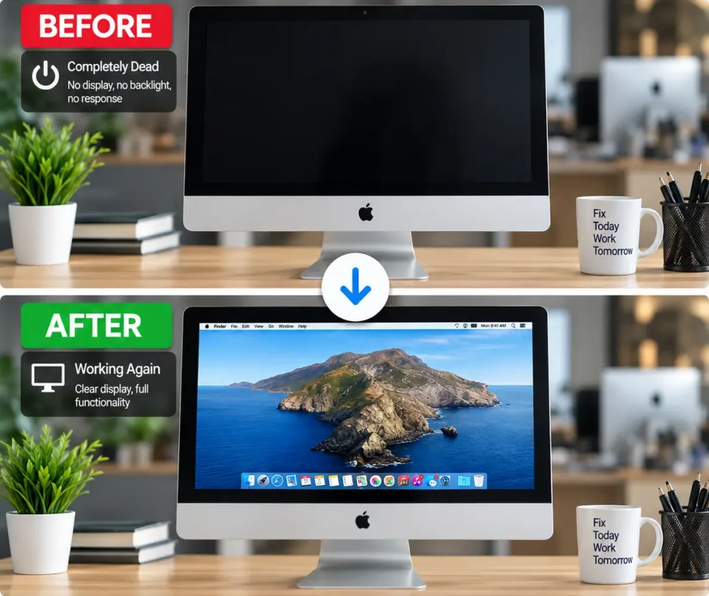 Completely dead Apple Cinema Display repair in Leicester before and after