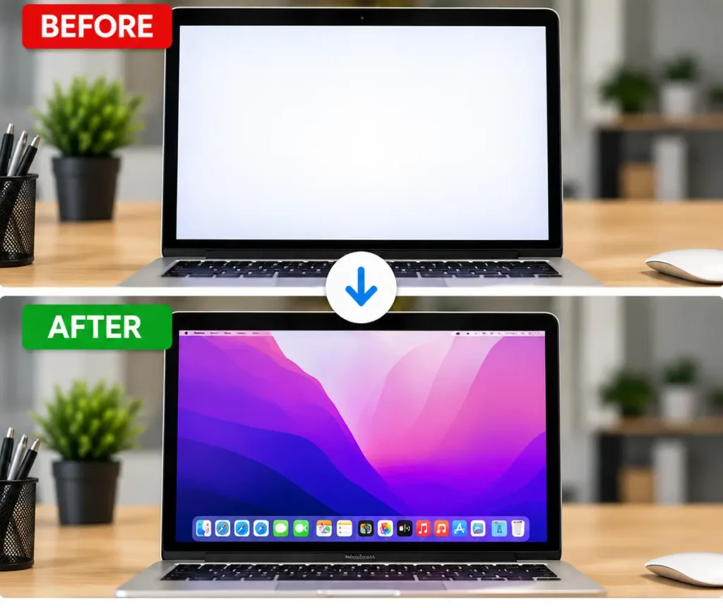 Apple Cinema Display white screen repair in Leicester before and after