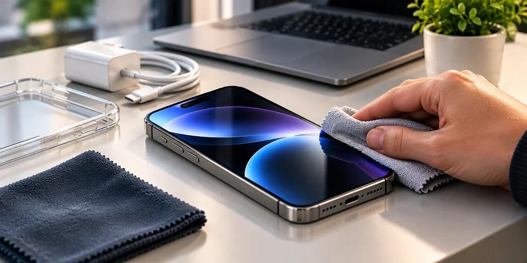 Person cleaning a smartphone screen with a microfibre cloth to maintain their iPhone.