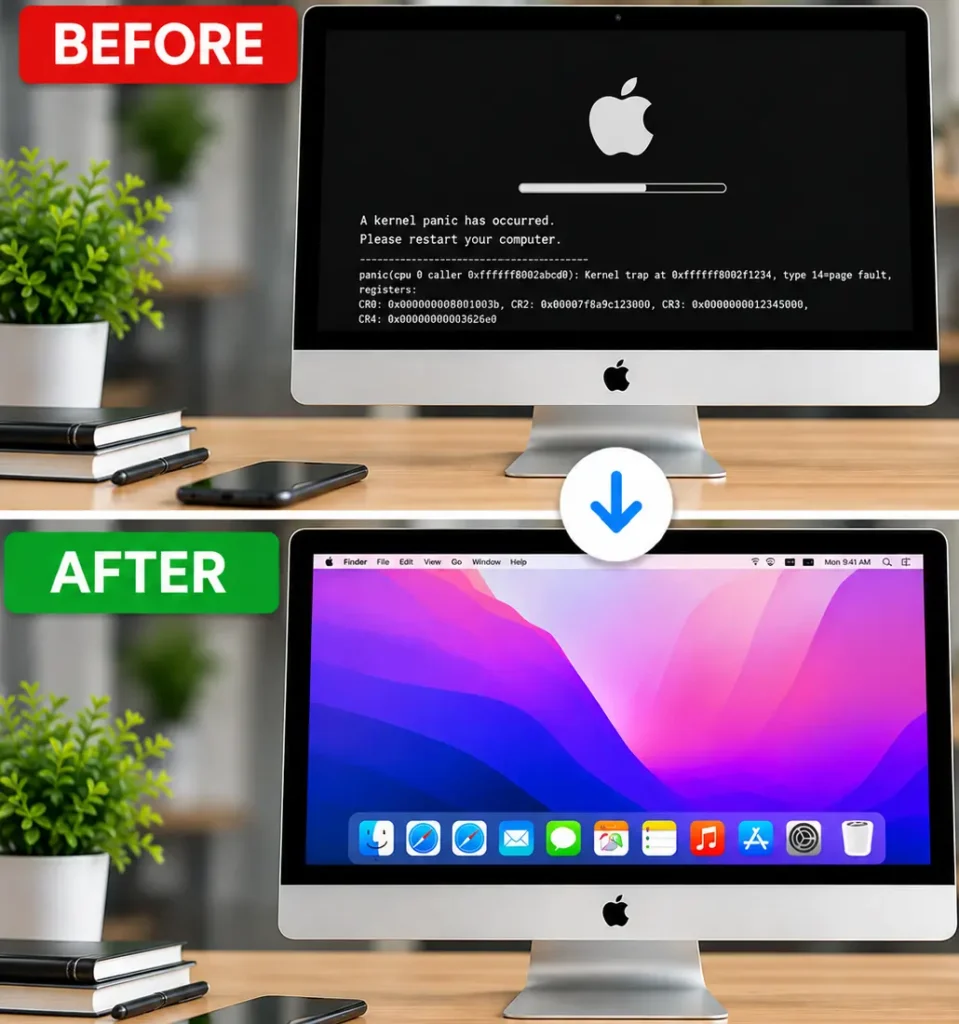 iMac kernel panic repair in Leicester before and after