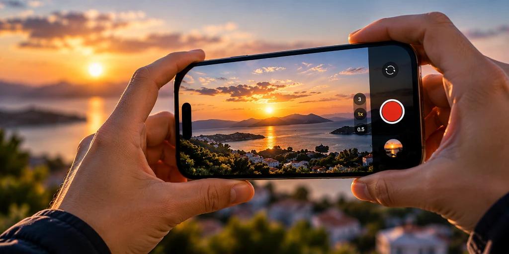 Person recording a sunset landscape using an iPhone-style smartphone camera in video mode.