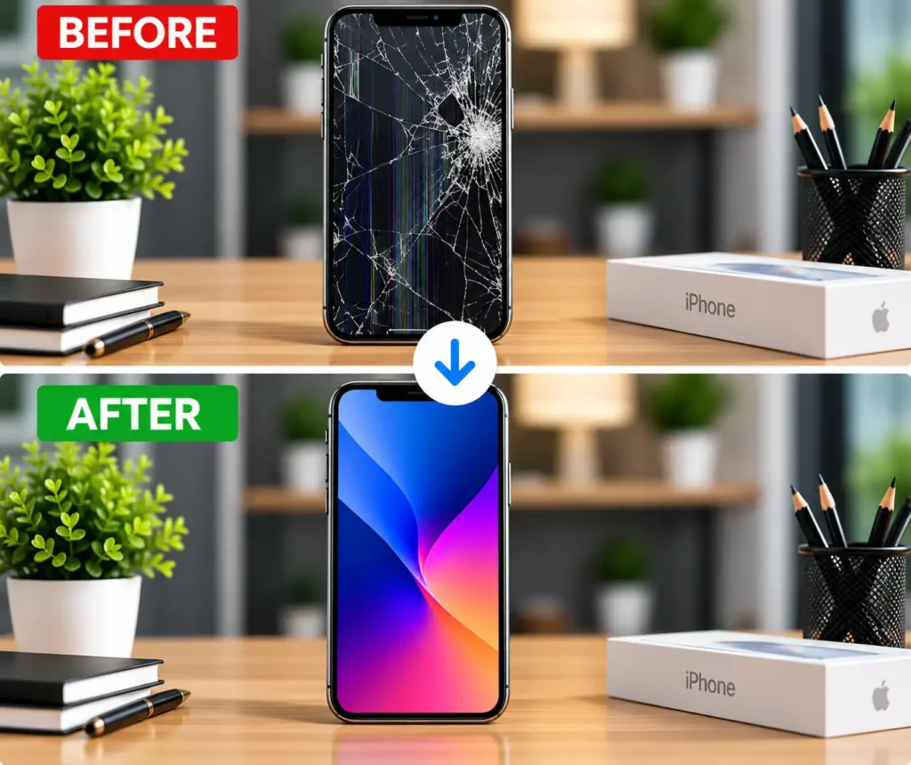 iPhone cracked or broken screen repair in Leicester before and after