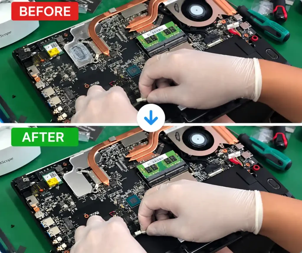 Laptop motherboard repair in Leicester showing internal components before and after repair