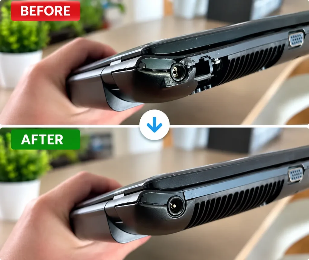 Laptop power jack repair in Leicester showing damaged charging port before and after repair