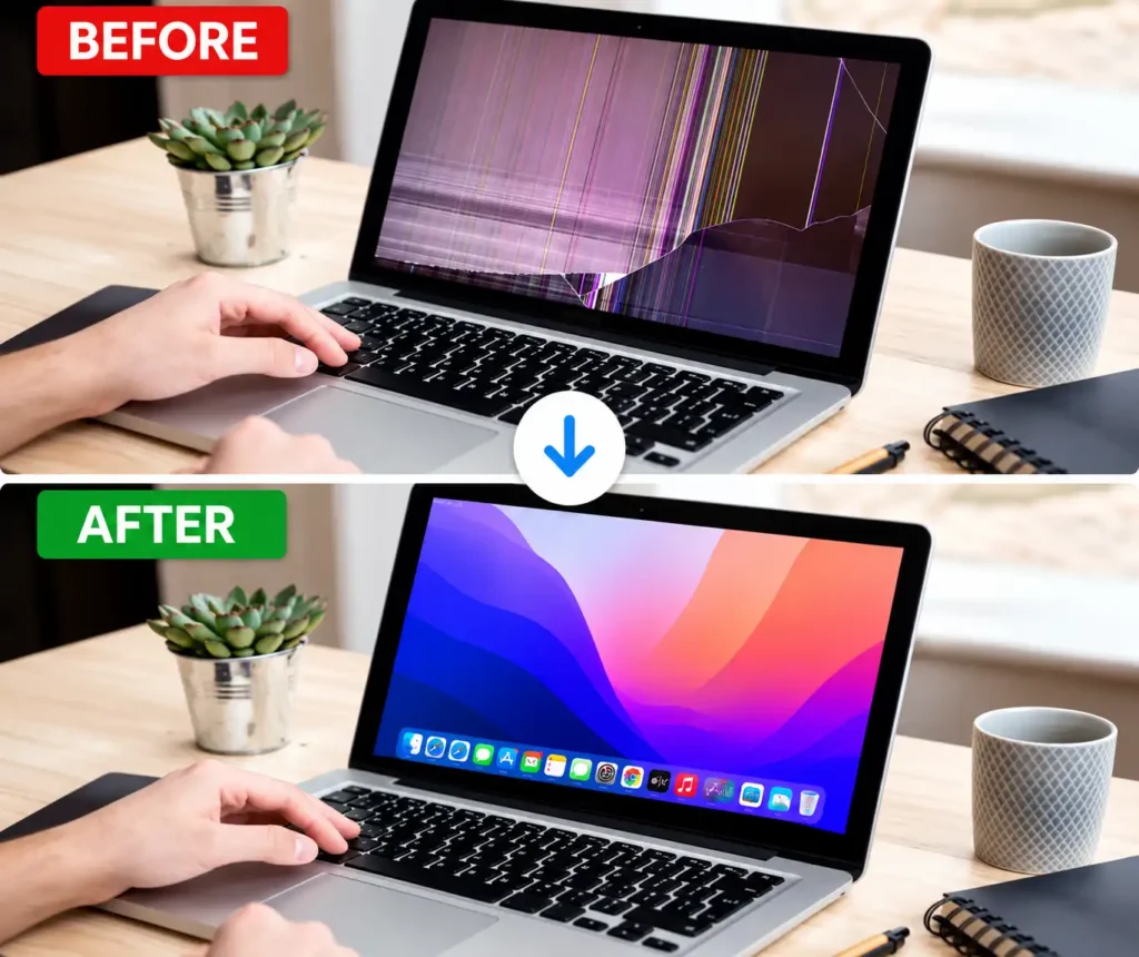 Laptop screen repair in Leicester showing damaged screen before and repaired screen after