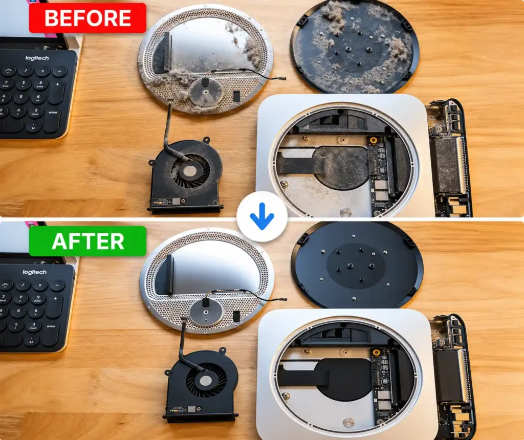 Mac Mini cleaning and overheating repair in Leicester before and after