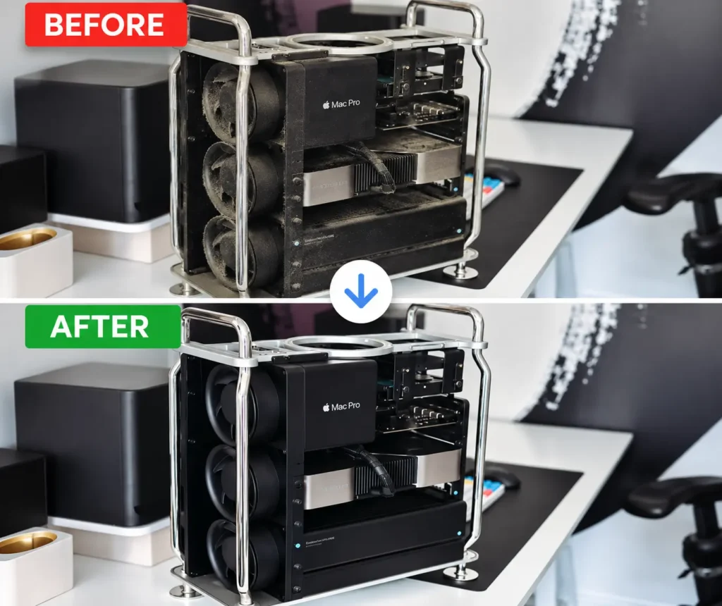 Mac Pro cleaning and dust removal repair in Leicester before and after