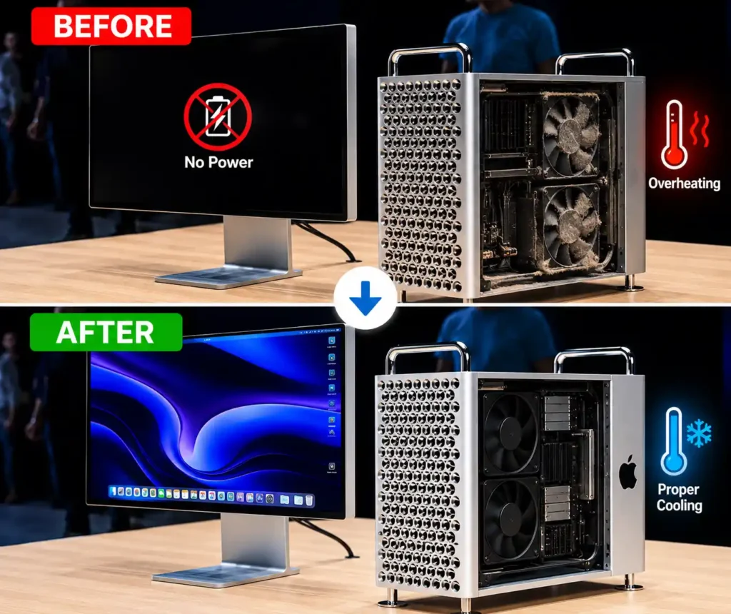 Mac Pro no power and overheating repair in Leicester before and after