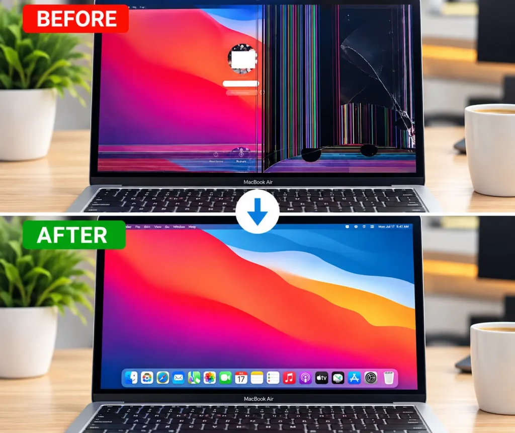 MacBook Air cracked screen repair in Leicester and Coventry before and after