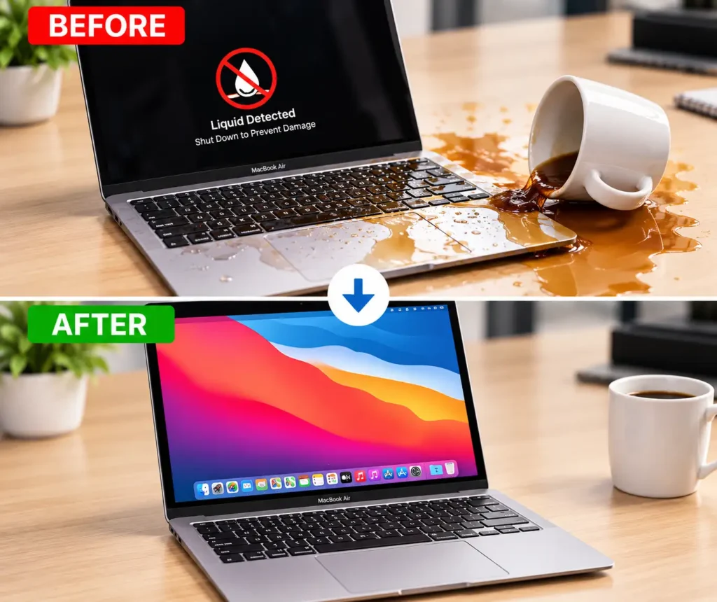 MacBook Air liquid damage repair in Leicester and before and after