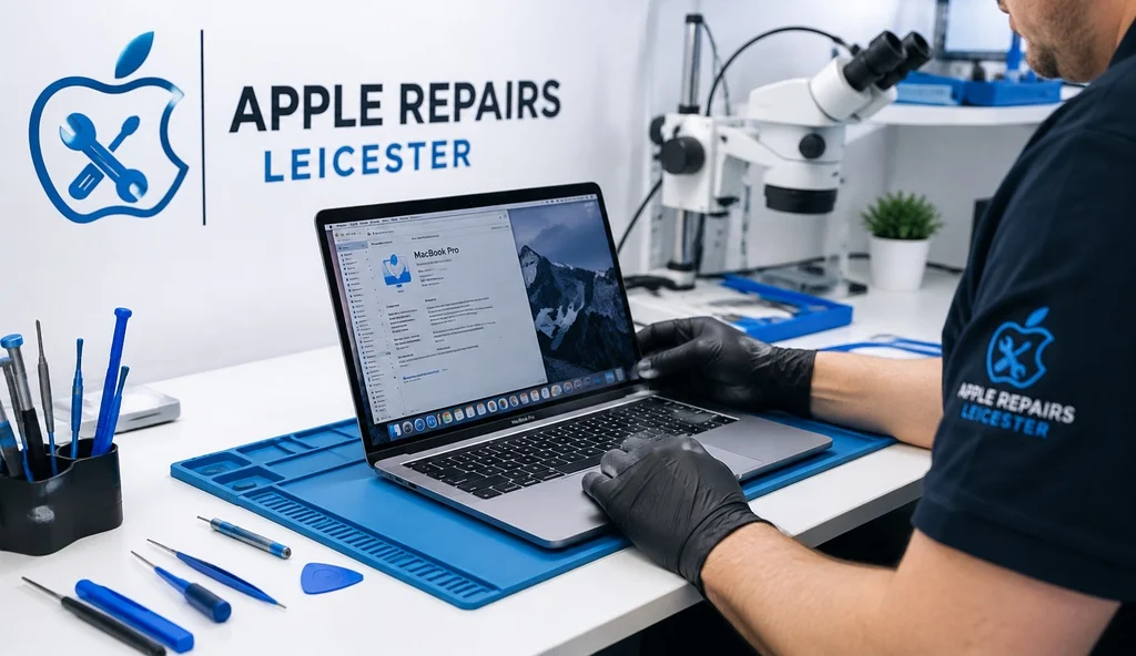 Technician assessing a MacBook on a repair bench at Apple Repairs Leicester