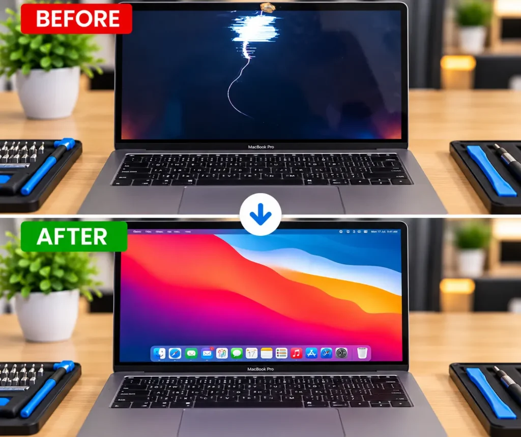 MacBook Pro cracked and damaged screen repair in Leicester before and after