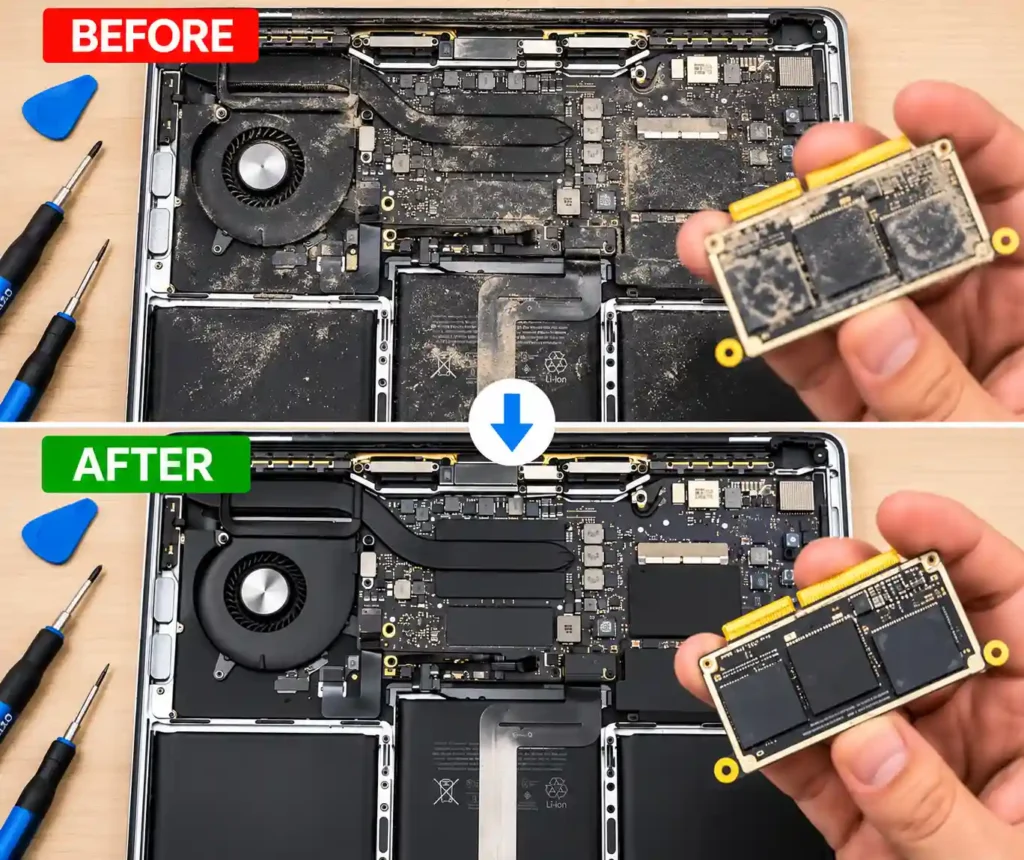 MacBook Pro internal cleaning and SSD repair in Leicester before and after