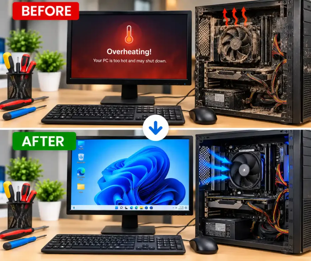 PC and computer overheating fan and cooling repair in Leicester before and after