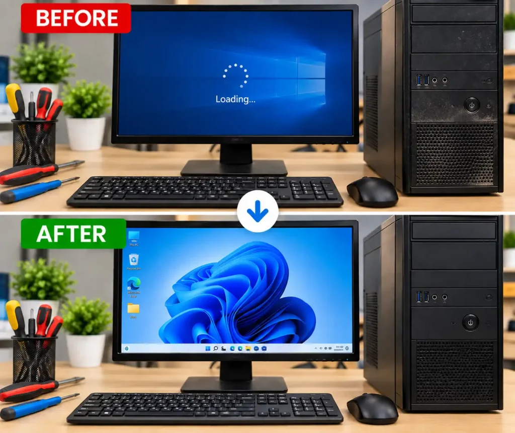 Slow PC and computer freezing and crashing repair in Leicester before and after